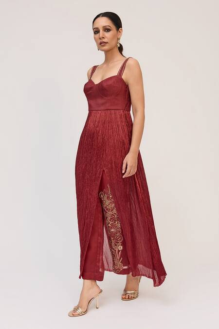 Ruchi Marodia_Maroon Crinkle, Silk, Cotton, Corset Inspired Kurta And Lotus Bloom Pant Set _Online_at_Aza_Fashions