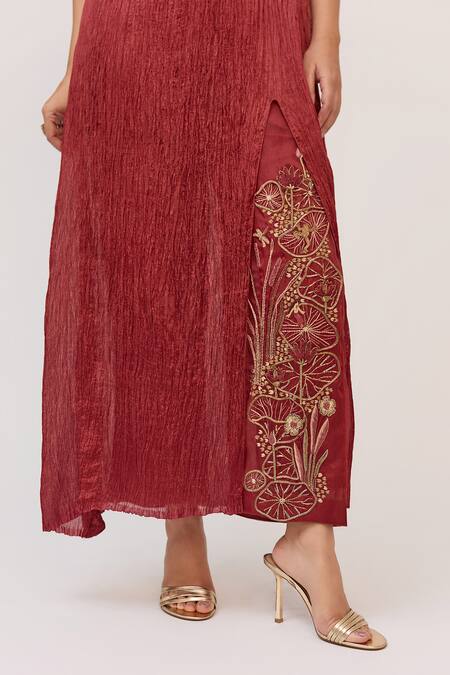 Shop_Ruchi Marodia_Maroon Crinkle, Silk, Cotton, Corset Inspired Kurta And Lotus Bloom Pant Set _Online_at_Aza_Fashions