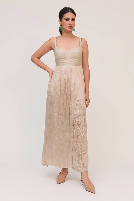 Buy_Ruchi Marodia_Gray Silk, Cotton, Organza Embroidery Lotus Corset Inspired Kurta And Pant Set _Online_at_Aza_Fashions