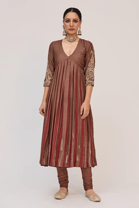 Ruchi Marodia Brown Tussar, Organza Embroidery, Metallic Lotus Bloom Anarkali Churidar Set Online at Aza Fashions Ruchi Marodia_Brown Tussar, Organza Embroidery, Metallic Lotus Bloom Anarkali Churidar Set _Online_at_Aza_Fashions