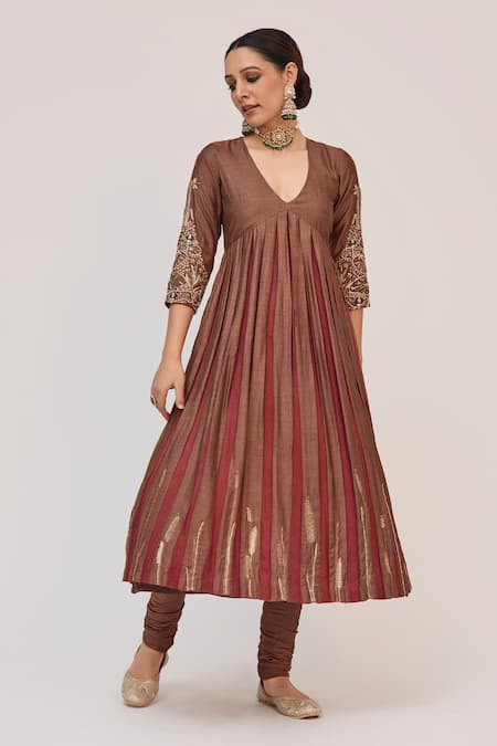 Shop Ruchi Marodia Brown Tussar, Organza Embroidery, Metallic Lotus Bloom Anarkali Churidar Set Online at Aza Fashions Shop_Ruchi Marodia_Brown Tussar, Organza Embroidery, Metallic Lotus Bloom Anarkali Churidar Set _Online_at_Aza_Fashions