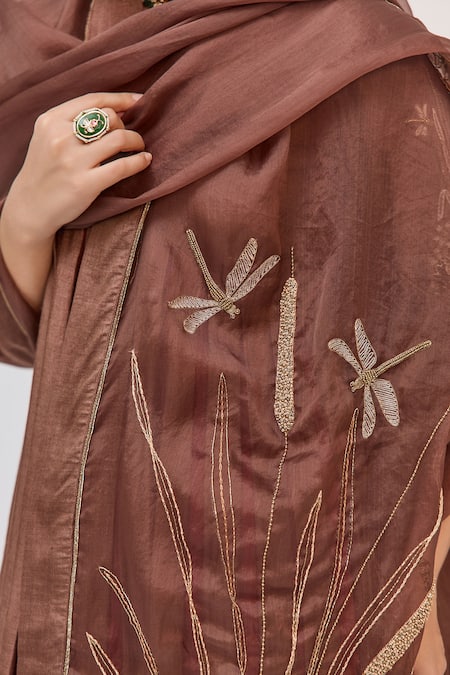 Shop Ruchi Marodia Brown Tussar, Organza Embroidery, Metallic Lotus Bloom Anarkali Churidar Set Shop_Ruchi Marodia_Brown Tussar, Organza Embroidery, Metallic Lotus Bloom Anarkali Churidar Set