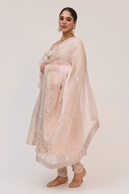 Ruchi Marodia_Gray Tussar, Organza Embroidery, Metallic Lotus Bloom Anarkali Churidar Set _Online_at_Aza_Fashions