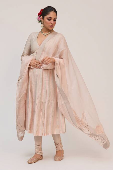 Buy_Ruchi Marodia_Gray Tussar, Organza Embroidery, Metallic Lotus Bloom Anarkali Churidar Set _Online_at_Aza_Fashions