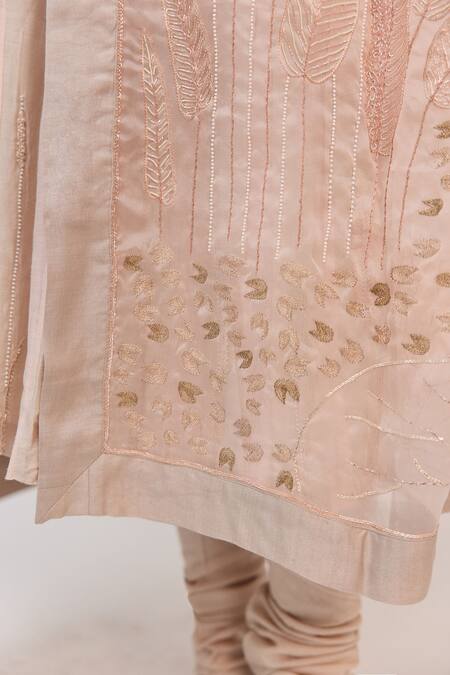 Shop_Ruchi Marodia_Gray Tussar, Organza Embroidery, Metallic Lotus Bloom Anarkali Churidar Set _Online_at_Aza_Fashions