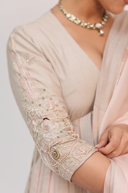 Ruchi Marodia_Gray Tussar, Organza Embroidery, Metallic Lotus Bloom Anarkali Churidar Set _at_Aza_Fashions