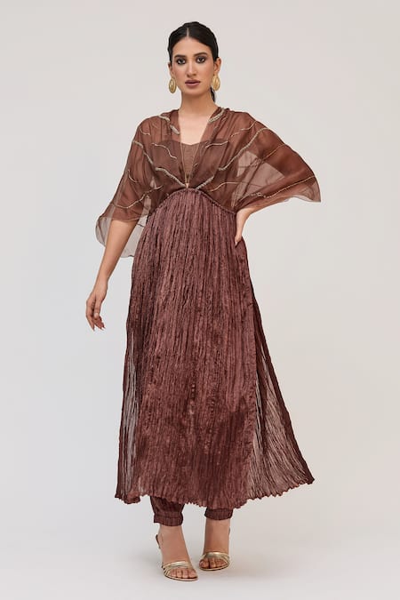 Ruchi Marodia_Brown Silk, Organza, Bamboo, Cotton Embroidery, Tree Trunk Crushed Kurta Set _Online_at_Aza_Fashions