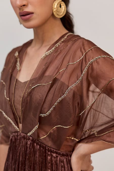 Buy_Ruchi Marodia_Brown Silk, Organza, Bamboo, Cotton Embroidery, Tree Trunk Crushed Kurta Set _Online_at_Aza_Fashions