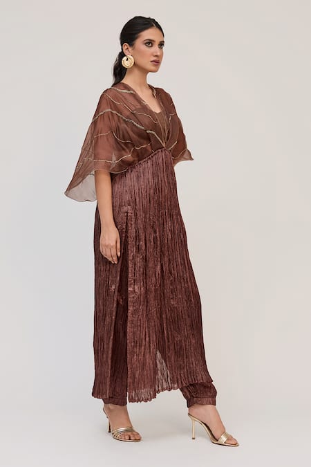 Shop_Ruchi Marodia_Brown Silk, Organza, Bamboo, Cotton Embroidery, Tree Trunk Crushed Kurta Set _Online_at_Aza_Fashions