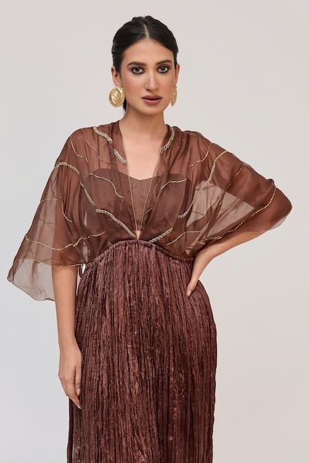 Ruchi Marodia_Brown Silk, Organza, Bamboo, Cotton Embroidery, Tree Trunk Crushed Kurta Set _at_Aza_Fashions