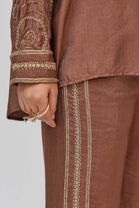 Buy_Ruchi Marodia_Brown Bamboo, Cotton Embroidery, Metallic Tree Trunk Shirt And Straight Pant Set _Online_at_Aza_Fashions