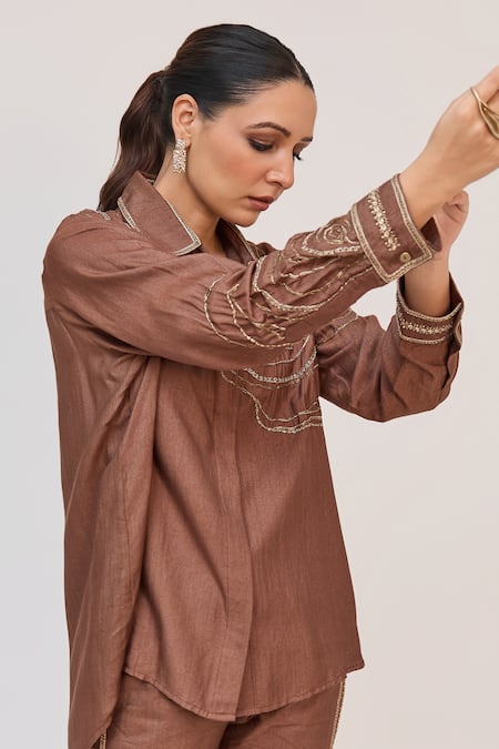 Shop_Ruchi Marodia_Brown Bamboo, Cotton Embroidery, Metallic Tree Trunk Shirt And Straight Pant Set _Online_at_Aza_Fashions