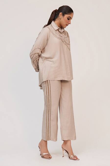 Ruchi Marodia_Gray Bamboo, Cotton Embroidery Collared Tree Trunk Shirt And Pant Set _Online_at_Aza_Fashions