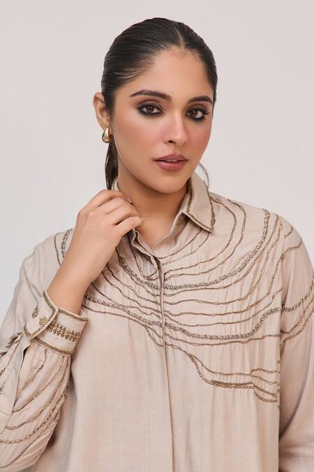 Buy_Ruchi Marodia_Gray Bamboo, Cotton Embroidery Collared Tree Trunk Shirt And Pant Set _Online_at_Aza_Fashions