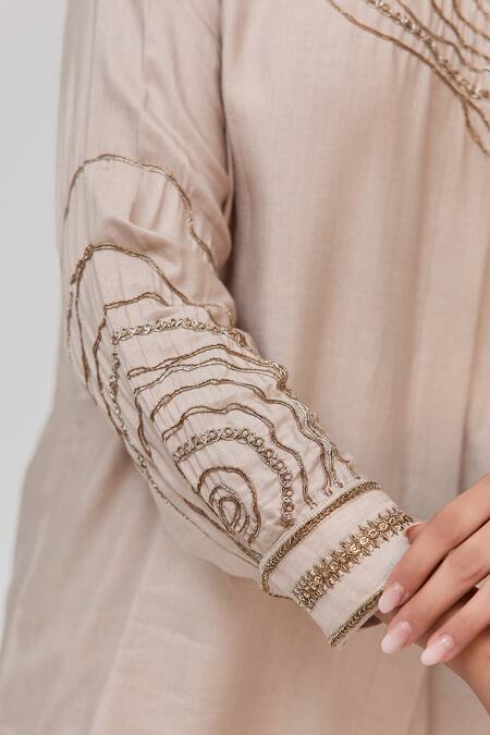 Ruchi Marodia_Gray Bamboo, Cotton Embroidery Collared Tree Trunk Shirt And Pant Set _at_Aza_Fashions