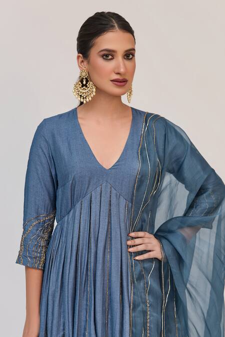 Ruchi Marodia_Aqua Tussar, Organza Embroidery, Metallic Thread V-neck Tree Trunk Anarkali Set _at_Aza_Fashions