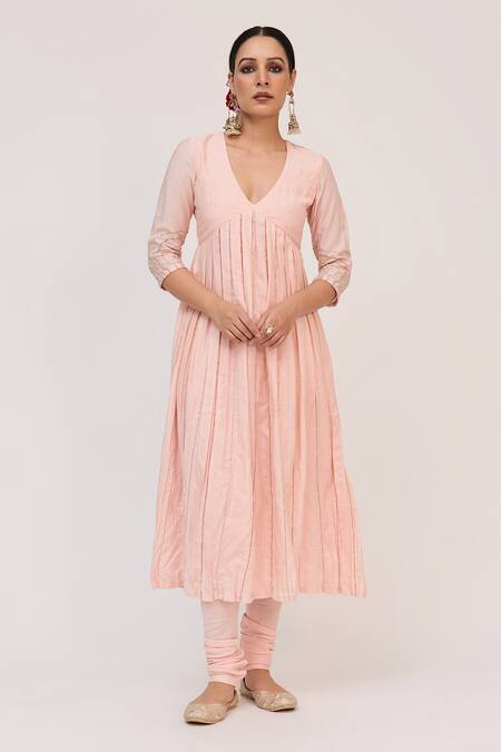 Buy_Ruchi Marodia_Pink Tussar, Organza Embroidery, Metallic Thread V-neck Tree Trunk Anarkali Set _Online_at_Aza_Fashions