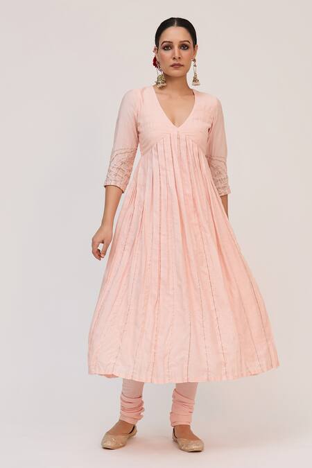 Ruchi Marodia_Pink Tussar, Organza Embroidery, Metallic Thread V-neck Tree Trunk Anarkali Set _at_Aza_Fashions