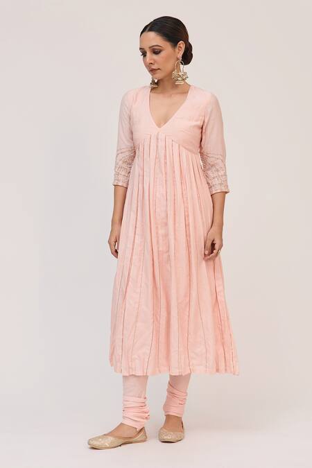 Buy_Ruchi Marodia_Pink Tussar, Organza Embroidery, Metallic Thread V-neck Tree Trunk Anarkali Set 