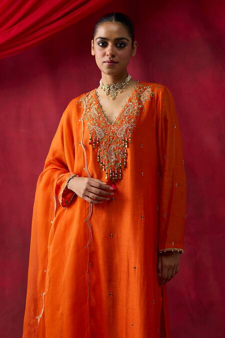 Buy_Shikha Mehta_Orange Chanderi , Organza Embroidery, Sequins, Aashvi Kurta Set _Online_at_Aza_Fashions