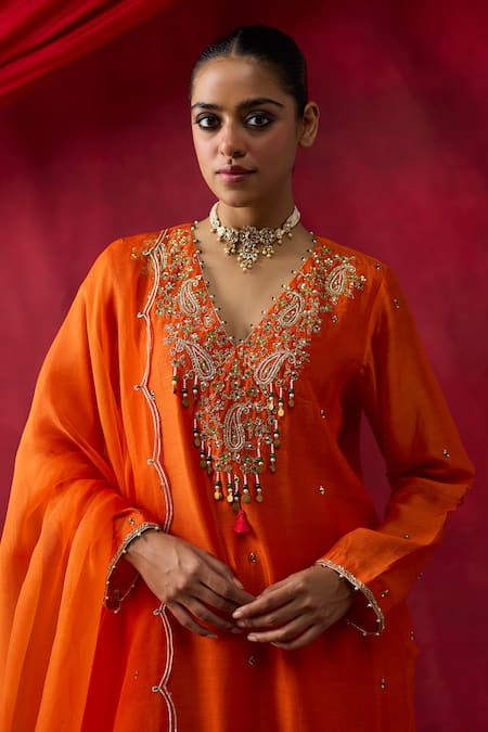 Shop_Shikha Mehta_Orange Chanderi , Organza Embroidery, Sequins, Aashvi Kurta Set _Online_at_Aza_Fashions