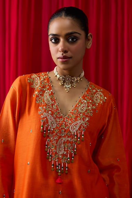 Shikha Mehta_Orange Chanderi , Organza Embroidery, Sequins, Aashvi Kurta Set _at_Aza_Fashions