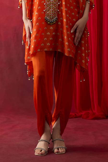 Shikha Mehta_Orange Chanderi , Satin Embroidery, Vama Pronted Kurta And Pant Set _Online_at_Aza_Fashions