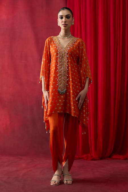 Buy_Shikha Mehta_Orange Chanderi , Satin Embroidery, Vama Pronted Kurta And Pant Set _Online_at_Aza_Fashions