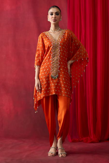 Shop_Shikha Mehta_Orange Chanderi , Satin Embroidery, Vama Pronted Kurta And Pant Set _Online_at_Aza_Fashions