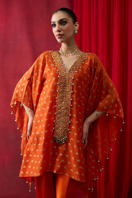 Shikha Mehta_Orange Chanderi , Satin Embroidery, Vama Pronted Kurta And Pant Set _at_Aza_Fashions