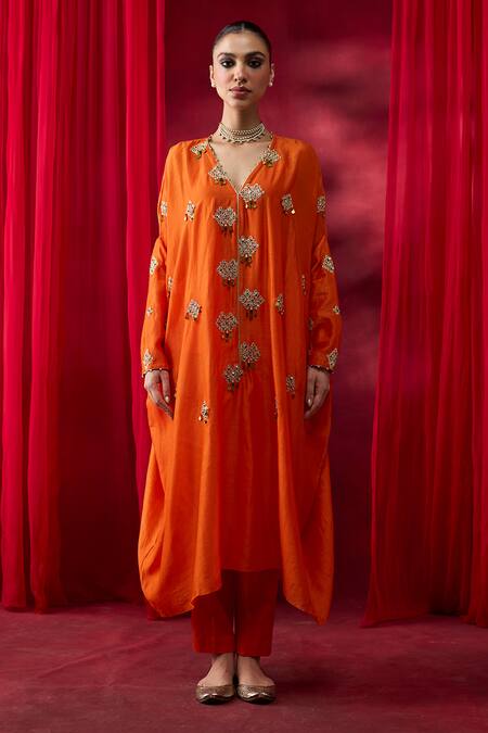 Shikha Mehta_Orange Chanderi Silk, Cotton Satin Embroidery, Sequins, Kimika Kaftan Set _Online_at_Aza_Fashions