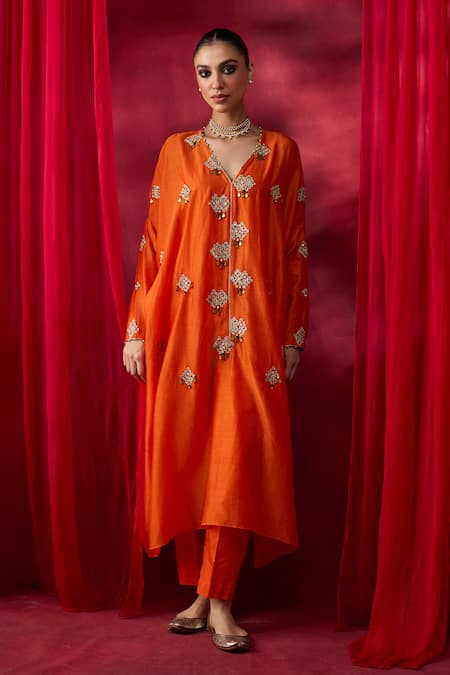 Buy_Shikha Mehta_Orange Chanderi Silk, Cotton Satin Embroidery, Sequins, Kimika Kaftan Set _Online_at_Aza_Fashions
