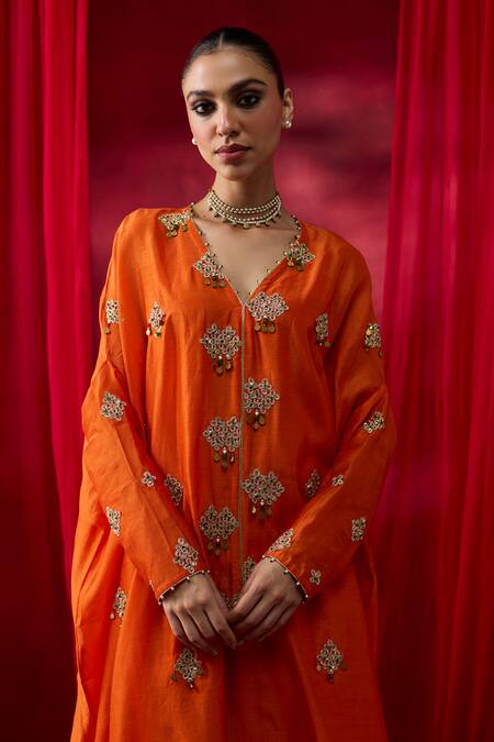 Shop_Shikha Mehta_Orange Chanderi Silk, Cotton Satin Embroidery, Sequins, Kimika Kaftan Set _Online_at_Aza_Fashions