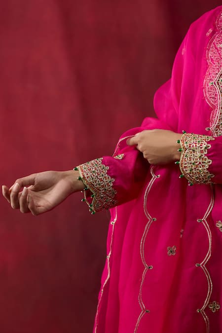 Shikha Mehta_Pink Chanderi , , Chanderi, Organza Embroidery, Ravneet Kurta Set _Online_at_Aza_Fashions