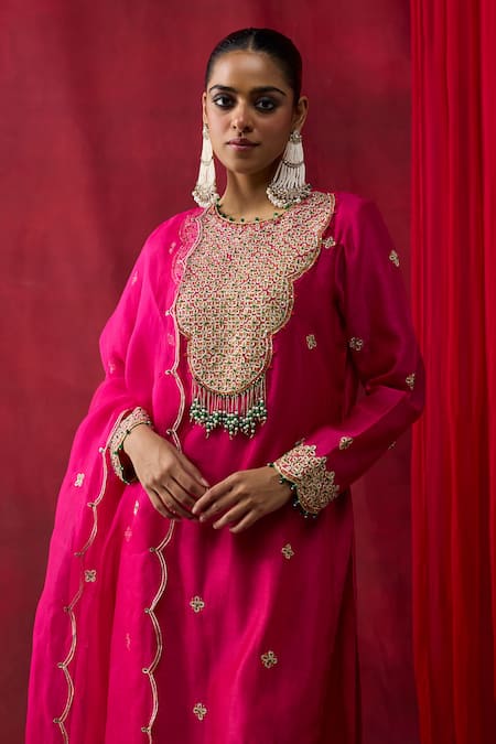 Buy_Shikha Mehta_Pink Chanderi , , Chanderi, Organza Embroidery, Ravneet Kurta Set _Online_at_Aza_Fashions