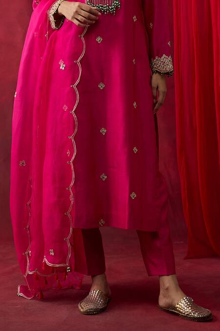 Shop_Shikha Mehta_Pink Chanderi , , Chanderi, Organza Embroidery, Ravneet Kurta Set _Online_at_Aza_Fashions