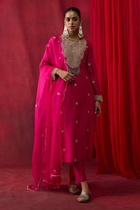 Buy_Shikha Mehta_Pink Chanderi , , Chanderi, Organza Embroidery, Ravneet Kurta Set 