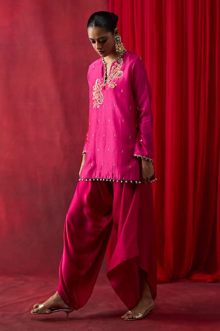 Buy_Shikha Mehta_Pink , Chanderi, Satin Embroidery, Sequins, Ilaa Kurta With Cowl Pant _Online_at_Aza_Fashions