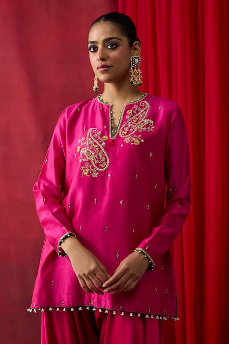 Shop_Shikha Mehta_Pink , Chanderi, Satin Embroidery, Sequins, Ilaa Kurta With Cowl Pant _Online_at_Aza_Fashions
