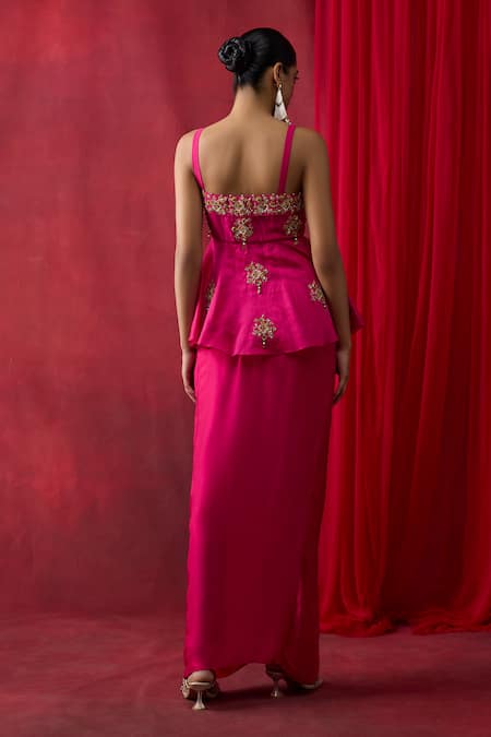 Shikha Mehta Rosie Embroidered Peplum Top With Skirt 