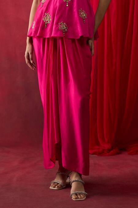 Buy_Shikha Mehta_Pink Silk Satin Embroidery, Sequins, Beads Rosie Peplum Top With Skirt _Online_at_Aza_Fashions