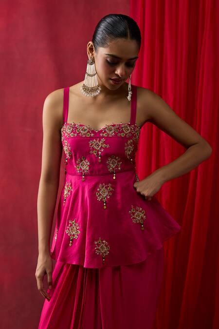 Shikha Mehta_Pink Silk Satin Embroidery, Sequins, Beads Rosie Peplum Top With Skirt _at_Aza_Fashions