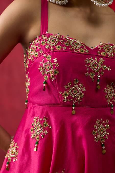 Buy_Shikha Mehta_Pink Silk Satin Embroidery, Sequins, Beads Rosie Peplum Top With Skirt 