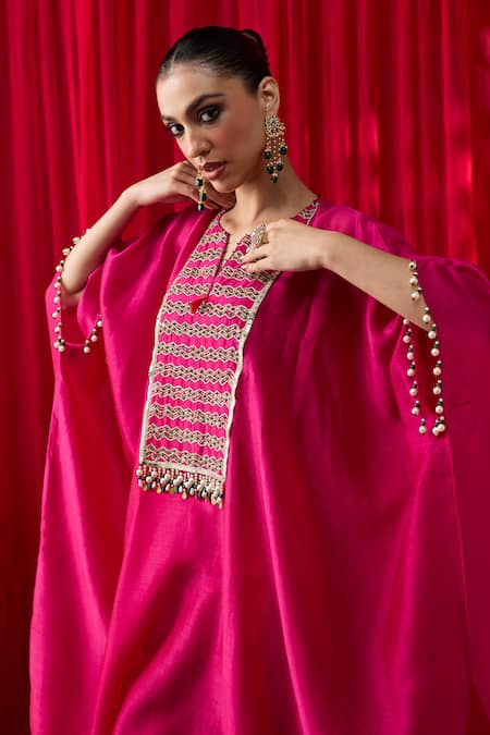 Shop_Shikha Mehta_Pink Sequins, Pearls, Tassels V-neck Noshini Embroidered Kaftan Set _Online_at_Aza_Fashions