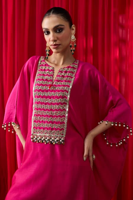 Shikha Mehta_Pink Sequins, Pearls, Tassels V-neck Noshini Embroidered Kaftan Set _at_Aza_Fashions