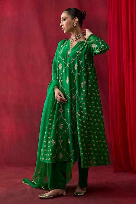 Buy_Shikha Mehta_Green Cotton, , Organza Embroidery, Piping, Tassels Mahira Kurta Set _Online_at_Aza_Fashions