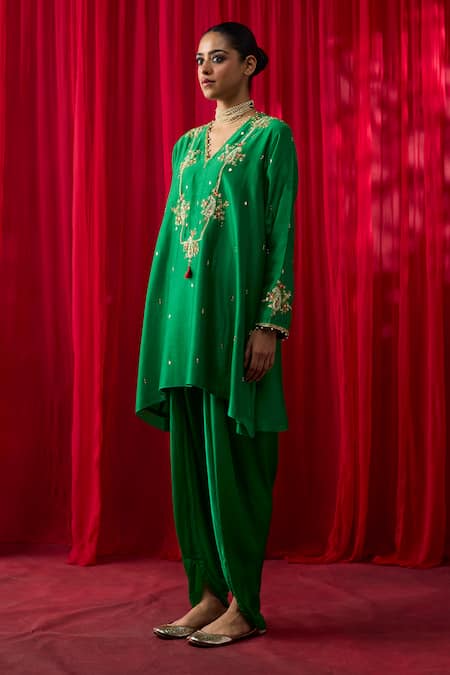 Buy_Shikha Mehta_Green Chanderi , Satin Embroidery, Sequins, Amelia Kurta And Pant Set _Online_at_Aza_Fashions