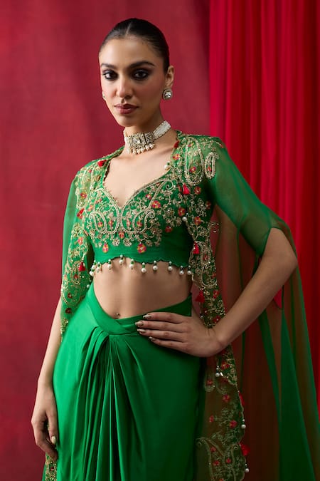 Shikha Mehta_Green Chanderi , Satin Pearls, Beads, Embroidery Zuma Cape Skirt Set _Online_at_Aza_Fashions