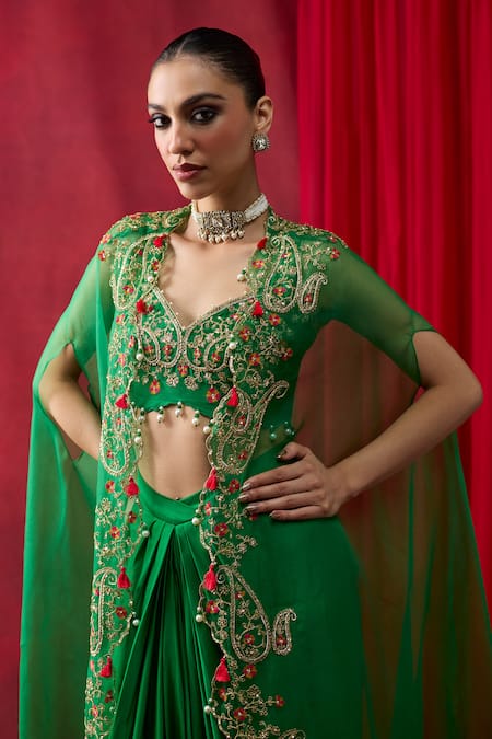 Buy_Shikha Mehta_Green Chanderi , Satin Pearls, Beads, Embroidery Zuma Cape Skirt Set _Online_at_Aza_Fashions