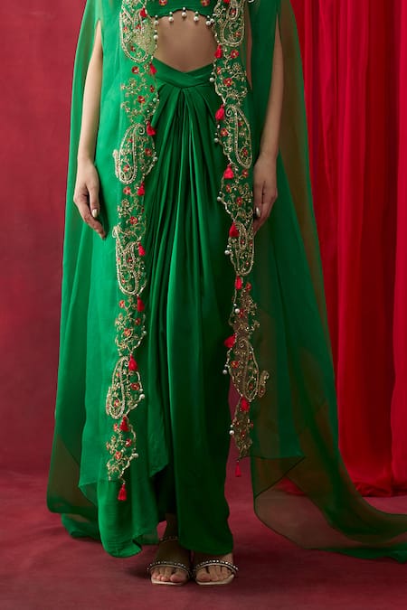 Shikha Mehta_Green Chanderi , Satin Pearls, Beads, Embroidery Zuma Cape Skirt Set _at_Aza_Fashions